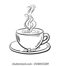 Taza caliente de café. Icono de pausa de café. Símbolo de Vector con estilo. Ilustración de Doodle. Dibujado a mano boceto para cafetería, restaurante, Web 