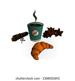 Hot cup of coffee with cinnamon and croissant isolated on white background. Hand drawn illustration. Sketch vector illustration