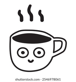 Hot cup of coffee. Cute character. Outline isolated icon. Illustration on white background. 