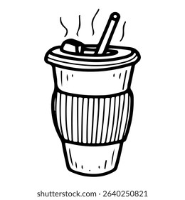 Hot cup coffee to go. Hand drawn doodle vector. Invigorating drink through straw. Beverage. Cafe menu. Latte, cappuccino, espresso. Reusable plastic mug. Eco-friendly lifestyle. Illustration line art.