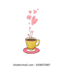 Hot cup of coffee with pink hearts. Vector illustration