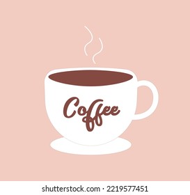 Copa caliente de afiche y tarjeta de café. Café matutino. Concepto de los amantes del café o adicto a la cafeína. Ilustración vectorial. 
