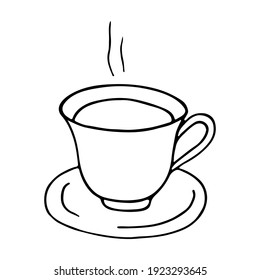 Hot cup of coffee with a saucer. Design for menus, cafes, greeting cards, posters, banners, printable invitations. Vector. Doodle.