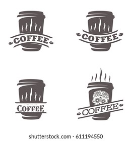 Hot cup coffee set logo templates. Abstract two colors coffee logo for your design. Badges, labels, banners , business templates. Vector illustration isolated on white background