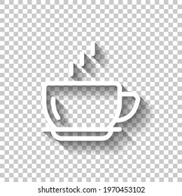 Hot cup of coffee, simple logo. White linear icon with editable stroke and shadow on transparent background