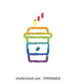 Hot cup of coffee, simple logo. Drawing sign with LGBT style, seven colors of rainbow (red, orange, yellow, green, blue, indigo, violet