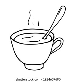 Hot cup of coffee with a spoon inside. Design for menus, cafes, greeting cards, posters, banners, printable invitations. Vector illustration in doodle outline style.