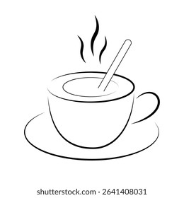 Hot Cup of Coffee with Spoon Vector Illustration. A clean and minimalist black and white vector illustration of a steaming hot beverage in a cup with a saucer.