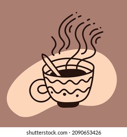 Taza caliente de café o té estilo de línea de doodle sobre fondo marrón, icono para el diseño de la cafetería.