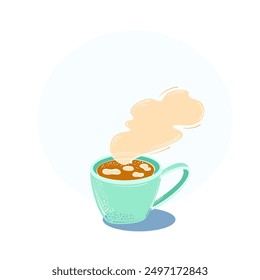 Hot cup of coffee or tea, flat illustration, isolated, on blue background. 