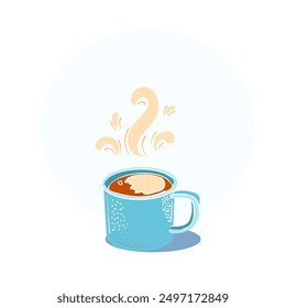 Hot cup of coffee or tea, flat illustration, isolated, on blue background. 