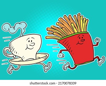 A hot cup of coffee or tea and french fries. Fast food characters running, doing sports