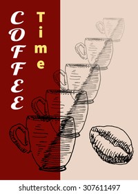 Hot cup of coffee or teain poster, flyer or template with text, in engraving etching sketch hand drawing style, for gourmet food and  restaurant design