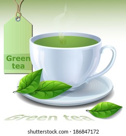 Hot cup of green tea with tea leaves on a plate and label hanging beside.