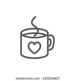 Hot cup with heart, valentine day line icon.