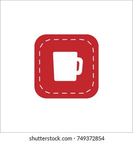 Hot cup sign in red rounded stitched square with white seam. tea or coffee mug flat icon. Holiday collection button. Patch pictogram isolated on white background. vector illustration. 