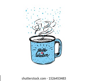Hot cup with steam. Hello Winter vector lettering with heart.