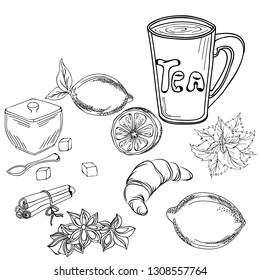 Hot cup of tea with cinnamon, lemon, mint, croissant and sugar. Drawing in black and white color. Hand drawn illustration. Each item can be moved.   Sketch vector illustration