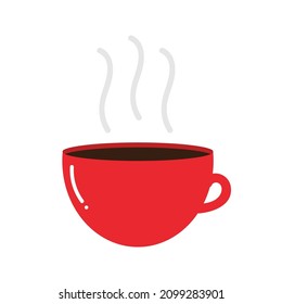 Hot cup of tea or coffee, red mug vector cartoon style illustration.

