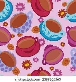Hot cup of tea and flowers seamless pattern design