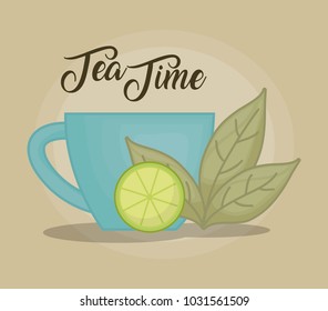 hot cup of tea with tea leaves design