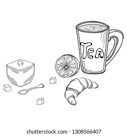 Hot cup of tea with lemon, croissant and sugar. Drawing in black and white color. Hand drawn illustration. Each item can be moved.   Sketch vector illustration