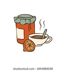 Hot cup of tea, marmalade jam jar and slice of lemon - cozy winter drink drawing isolated on white background. Vector illustration of healthy warm beverage.