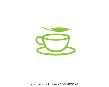 Hot cup of tea in a mug with mint leaves for logo design illustration