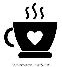 Hot cup of tea solid icon. Mug with heart and steam vector illustration isolated on white. Coffee cup glyph style design, designed for web and app. Eps 10