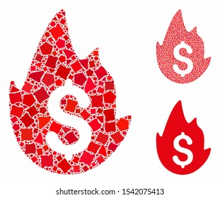 Hot currency mosaic of abrupt elements in variable sizes and color tints, based on hot currency icon. Vector humpy parts are united into mosaic. Hot currency icons collage with dotted pattern.