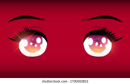 Hot and cute anime eyes on red background, super sparkling and dazzling hand draw illustration