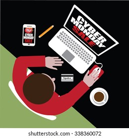 Hot Cyber Monday flat design shopper ordering online. EPS 10 Vector 