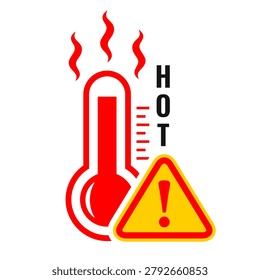 Hot danger temperature warning sign isolated on white background. Red and yellow caution symbol of extremely high temperature, beware of scalding, temp raising to boiling point, device overheating risk, damage or exploding hazard. Alarm pictogram of danger thermal conditions, heat wave alert, overheated computer cpu, pc overloading or overclocking. Abstract web design element for air con, hvac cooling system, ac thermostat, heating appliances, too hot radiator equipment etc. Use warning symbol for climate control, home toasters, ovens, irons, coffee makers or hair dryers.