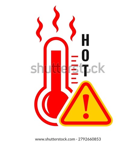 Hot danger temperature warning sign isolated on white background. Red and yellow caution symbol of extremely high temperature, beware of scalding, temp raising to boiling point, device overheating risk, damage or exploding hazard. Alarm pictogram of danger thermal conditions, heat wave alert, overheated computer cpu, pc overloading or overclocking. Abstract web design element for air con, hvac cooling system, ac thermostat, heating appliances, too hot radiator equipment etc. Use warning symbol for climate control, home toasters, ovens, irons, coffee makers or hair dryers.