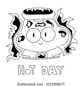 Hot Day Card For Children Party, Cute Little Monster Wit Hot Dog, Black And White Vector Illustration 