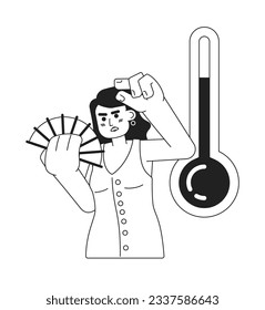 Día caliente con ilustración de manchas vectoriales monocromáticas de alta temperatura. Mujer ondeando un personaje de dibujos animados 2D plano en 2D para diseño de interfaz de usuario web. Imagen de héroe dibujado a mano con ondas térmicas aisladas