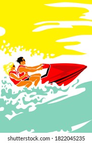 Hot day at sea. Man and woman on aquabike. Vector image for illustrations.