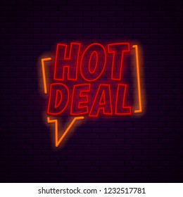 Hot deal banner. Comic book style.Speech bubble, pop art. Light, bright neon banner at brick wall. Vector, isolated, eps 10.