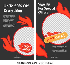 Hot deal and clearance, sign up for special offers from stores and shops. Buy products with half price off reduction, mall or market. Promotional banner or advertisement flyer. Vector in flat style