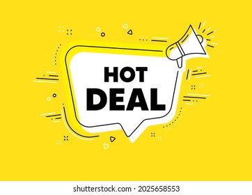 Hot deal. Megaphone yellow vector banner. Special offer price sign. Advertising discounts symbol. Thought speech bubble with quotes. Hot deal chat think megaphone message. Vector