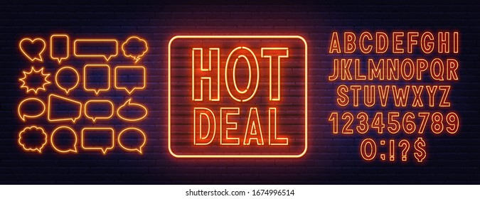 Hot deal neon sign on brick wall background.