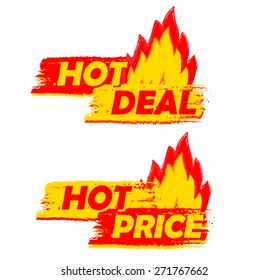 hot deal and price on fire banners - text in yellow and red drawn labels with flames signs, business shopping concept, vector