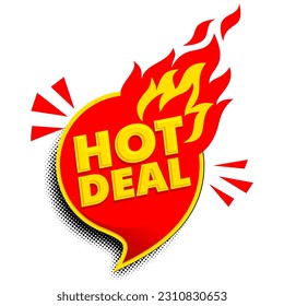 Hot Deal promotion sticker. Flat fire banner, price tag, hot deal, sale, offer, price. Vector on transparent background