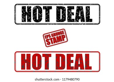 Hot deal red and black text grunge rubber ink postage stamp isolated on white background. Grungy vector stencil sticker illustration. Retro shabby poster.  Vintage rectangular tag template. 