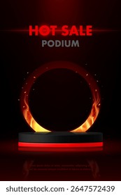 Hot deal Sale banner. 3d product display stage podium. Fire circle frame background. Black Friday special offer mega template, promotion discount, online shop, advertising, social media and website