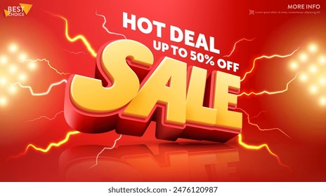 Hot Deal Sale Banner Vector Template with Bold 3D Text, Thunder and Flash Lightning Effects on a Red Background, Offering Discounts Up to 50% Off for a Limited Time