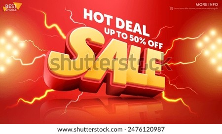 Hot Deal Sale Banner Vector Template with Bold 3D Text, Thunder and Flash Lightning Effects on a Red Background, Offering Discounts Up to 50% Off for a Limited Time