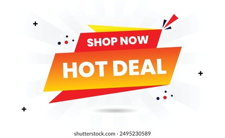 Hot deal shop now banner template with white background, red and yellow gradient, and orange vector art shapes for eye catching promotions offer, promotion, discount, deal, retail, business, vector