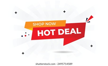 Hot deal shop now banner template with white background and shiny orange yellow gradient shapes, perfect for attracting attention and boosting sales offer, promotion, discount, deal, retail