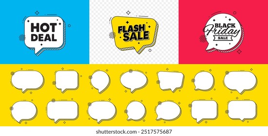 Etiqueta de trato caliente. Burbuja de discurso de chat de venta flash. Muestra de Precio de oferta especial. Símbolo de descuentos publicitarios. Mensaje de chat de oferta caliente. Anuncio de la burbuja del discurso del viernes negro. Ofrecer globo de texto. Vector